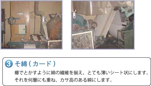 そ綿(カード)櫛でとかすように綿の繊維を揃え、とても薄いシート状にします。それを何層にも重ね、カサ高のある綿にします。